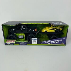 NIB - Buddy L Ford Truck Monster Wheel Tow Team Black W/ Yellow Dragster